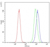 Flow cytometry testing of human 293T cells with PORC-PI-1 antibody at 1ug/million cells (blocked with goat sera); Red=cells alone, Green=isotype control, Blue= PORC-PI-1 antibody.