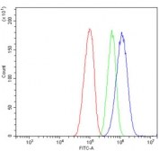 Flow cytometry testing of human HepG2 cells with ATP5MC1/2/3 antibody at 1ug/million cells (blocked with goat sera); Red=cells alone, Green=isotype control, Blue= ATP5MC1/2/3 antibody.