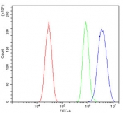 Flow cytometry testing of mouse HEPA1-6 cells with Irf3 antibody at 1ug/million cells (blocked with goat sera); Red=cells alone, Green=isotype control, Blue= Irf3 antibody.