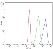 Flow cytometry testing of human Caco-2 cells with Phospholipid transfer protein antibody at 1ug/million cells (blocked with goat sera); Red=cells alone, Green=isotype control, Blue= Phospholipid transfer protein antibody.