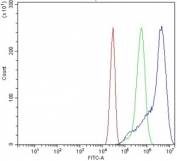 Flow cytometry testing of mouse HEPA1-6 cells with Il1ra antibody at 1ug/million cells (blocked with goat sera); Red=cells alone, Green=isotype control, Blue= Il1ra antibody.