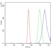 Flow cytometry testing of human A431 cells with PSD5A antibody at 1ug/million cells (blocked with goat sera); Red=cells alone, Green=isotype control, Blue= PSD5A antibody.
