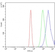 Flow cytometry testing of human A431 cells with PSD5A antibody at 1ug/million cells (blocked with goat sera); Red=cells alone, Green=isotype control, Blue= PSD5A antibody.