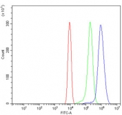 Flow cytometry testing of mouse ANA-1 cells with Dnmt3l antibody at 1ug/million cells (blocked with goat sera); Red=cells alone, Green=isotype control, Blue= Dnmt3l antibody.