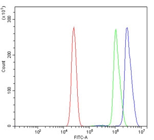 Flow cytometry testing of human U937 cells with Cyclophilin E antibody at 1ug/million cells (blocked with goat sera); Red=cells alone, Green=isotype control, Blue= Cyclophilin E antibody.
