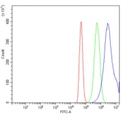 Flow cytometry testing of human A431 cells with DDX21 antibody at 1ug/million cells (blocked with goat sera); Red=cells alone, Green=isotype control, Blue= DDX21 antibody.