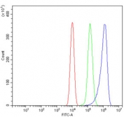 Flow cytometry testing of mouse RAW264.7 cells with Rpl9 antibody at 1ug/million cells (blocked with goat sera); Red=cells alone, Green=isotype control, Blue= Rpl9 antibody.