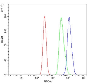 Flow cytometry testing of mouse HEPA1-6 cells with Tlr6 antibody at 1ug/million cells (blocked with goat sera); Red=cells alone, Green=isotype control, Blue= Tlr6 antibody.~