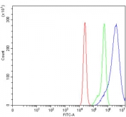 Flow cytometry testing of human Caco-2 cells with IRBIT antibody at 1ug/million cells (blocked with goat sera); Red=cells alone, Green=isotype control, Blue= IRBIT antibody.