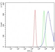 Flow cytometry testing of mouse HEPA1-6 cells with IRBIT antibody at 1ug/million cells (blocked with goat sera); Red=cells alone, Green=isotype control, Blue= IRBIT antibody.