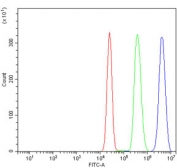 Flow cytometry testing of human K562 cells with PSEN1 antibody at 1ug/million cells (blocked with goat sera); Red=cells alone, Green=isotype control, Blue= PSEN1 antibody.