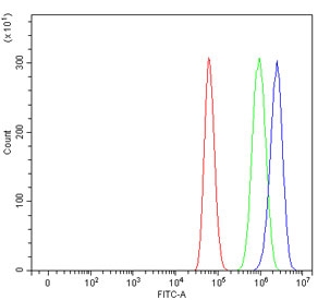 Flow cytometry testing of human U-87 MG cells with FRP-1 antibody at 1ug/million cells (blocked with goat sera); Red=cells alone, Green=isotype control, Blue= FRP-1 antibody.~
