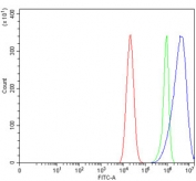 Flow cytometry testing of human Caco-2 cells with CD14 antibody at 1ug/million cells (blocked with goat sera); Red=cells alone, Green=isotype control, Blue= CD14 antibody.