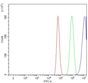 Flow cytometry testing of human U-87 MG cells with CDKN2D antibody at 1ug/million cells (blocked with goat sera); Red=cells alone, Green=isotype control, Blue= CDKN2D antibody.~