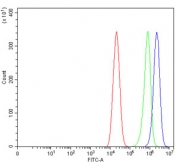 Flow cytometry testing of human Caco-2 cells with CTNND1 antibody at 1ug/million cells (blocked with goat sera); Red=cells alone, Green=isotype control, Blue= CTNND1 antibody.