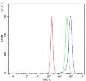 Flow cytometry testing of human ThP-1 cells with CXCR2 antibody at 1ug/million cells (blocked with goat sera); Red=cells alone, Green=isotype control, Blue= CXCR2 antibody.