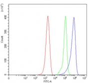Flow cytometry testing of mouse ANA-1 cells with Mavs antibody at 1ug/million cells (blocked with goat sera); Red=cells alone, Green=isotype control, Blue= Mavs antibody.