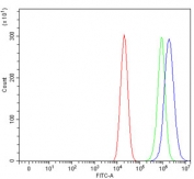 Flow cytometry testing of human Caco-2 cells with HRS antibody at 1ug/million cells (blocked with goat sera); Red=cells alone, Green=isotype control, Blue= HRS antibody.
