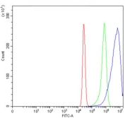 Flow cytometry testing of human K562 cells with Eukaryotic translation initiation factor 5A-1 antibody at 1ug/million cells (blocked with goat sera); Red=cells alone, Green=isotype control, Blue= Eukaryotic translation initiation factor 5A-1 antibody.