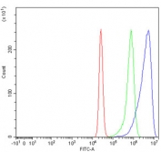 Flow cytometry testing of human K562 cells with PACT antibody at 1ug/million cells (blocked with goat sera); Red=cells alone, Green=isotype control, Blue= PACT antibody.