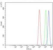 Flow cytometry testing of human PC-3 cells with Poliovirus Receptor antibody at 1ug/million cells (blocked with goat sera); Red=cells alone, Green=isotype control, Blue= Poliovirus Receptor antibody.