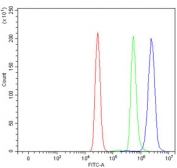 Flow cytometry testing of human U937 cells with ADAM10 antibody at 1ug/million cells (blocked with goat sera); Red=cells alone, Green=isotype control, Blue= ADAM10 antibody.