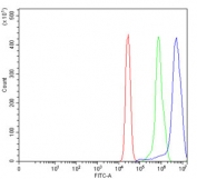 Flow cytometry testing of human HepG2 cells with SLC4A1 antibody at 1ug/million cells (blocked with goat sera); Red=cells alone, Green=isotype control, Blue= SLC4A1 antibody.