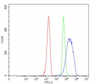 Flow cytometry testing of mouse ANA-1 cells with PSF antibody at 1ug/million cells (blocked with goat sera); Red=cells alone, Green=isotype control, Blue= PSF antibody.