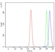 Flow cytometry testing of human Daudi cells with UBC12 antibody at 1ug/million cells (blocked with goat sera); Red=cells alone, Green=isotype control, Blue= UBC12 antibody.