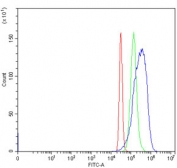 Flow cytometry testing of human Caco-2 cells with TRIM50 antibody at 1ug/million cells (blocked with goat sera); Red=cells alone, Green=isotype control, Blue= TRIM50 antibody.