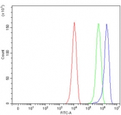 Flow cytometry testing of mouse RAW264.7 cells with TWIST1/2 antibody at 1ug/million cells (blocked with goat sera); Red=cells alone, Green=isotype control, Blue= TWIST1/2 antibody.