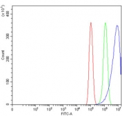 Flow cytometry testing of human PC-3 cells with UBA5 antibody at 1ug/million cells (blocked with goat sera); Red=cells alone, Green=isotype control, Blue= UBA5 antibody.