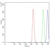 Flow cytometry testing of human ThP-1 cells with U1 snRNP C antibody at 1ug/million cells (blocked with goat sera); Red=cells alone, Green=isotype control, Blue= U1 snRNP C antibody.