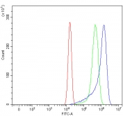 Flow cytometry testing of human U-2 OS cells with Sorting nexin 1 antibody at 1ug/million cells (blocked with goat sera); Red=cells alone, Green=isotype control, Blue= Sorting nexin 1 antibody.