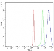 Flow cytometry testing of human HepG2 cells with OIP5 antibody at 1ug/million cells (blocked with goat sera); Red=cells alone, Green=isotype control, Blue= OIP5 antibody.