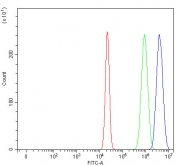 Flow cytometry testing of human U-2 OS cells with PGAM1 antibody at 1ug/million cells (blocked with goat sera); Red=cells alone, Green=isotype control, Blue= PGAM1 antibody.