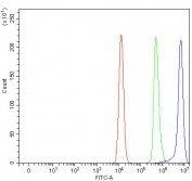 Flow cytometry testing of human Raji cells with ORP9 antibody at 1ug/million cells (blocked with goat sera); Red=cells alone, Green=isotype control, Blue= ORP9 antibody.
