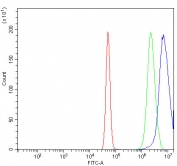 Flow cytometry testing of human A431 cells with Eukaryotic translation initiation factor 1 antibody at 1ug/million cells (blocked with goat sera); Red=cells alone, Green=isotype control, Blue= Eukaryotic translation initiation factor 1 antibody.
