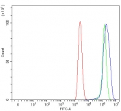 Flow cytometry testing of fixed and permeabilized human Caco-2 cells with PLXDC2 antibody at 1ug/million cells (blocked with goat sera); Red=cells alone, Green=isotype control, Blue= PLXDC2 antibody.