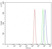 Flow cytometry testing of fixed and permeabilized human A431 cells with TAPP-1 antibody at 1ug/million cells (blocked with goat sera); Red=cells alone, Green=isotype control, Blue= TAPP-1 antibody.