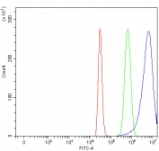 Flow cytometry testing of fixed and permeabilized human HepG2 cells with NAA16 antibody at 1ug/million cells (blocked with goat sera); Red=cells alone, Green=isotype control, Blue= NAA16 antibody.