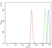 Flow cytometry testing of fixed and permeabilized human RT4 cells with PIGS antibody at 1ug/million cells (blocked with goat sera); Red=cells alone, Green=isotype control, Blue= PIGS antibody.