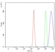 Flow cytometry testing of fixed and permeabilized human RT4 cells with PRSS22 antibody at 1ug/million cells (blocked with goat sera); Red=cells alone, Green=isotype control, Blue= PRSS22 antibody.