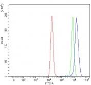 Flow cytometry testing of fixed and permeabilized human HeLa cells with E2F1 antibody at 1ug/million cells (blocked with goat sera); Red=cells alone, Green=isotype control, Blue= E2F1 antibody.