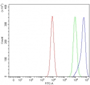 Flow cytometry testing of fixed and permeabilized human K562 cells with NDUFA4 antibody at 1ug/million cells (blocked with goat sera); Red=cells alone, Green=isotype control, Blue= NDUFA4 antibody.