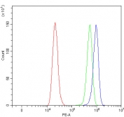 Flow cytometry testing of fixed and permeabilized human ThP-1 cells with PRTN3 antibody at 1ug/million cells (blocked with goat sera); Red=cells alone, Green=isotype control, Blue= PRTN3 antibody.