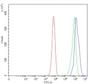 Flow cytometry testing of fixed and permeabilized human K562 cells with CEP164 antibody at 1ug/million cells (blocked with goat sera); Red=cells alone, Green=isotype control, Blue= CEP164 antibody.
