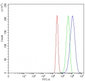 Flow cytometry testing of fixed and permeabilized human MCF7 cells with NTH1 antibody at 1ug/million cells (blocked with goat sera); Red=cells alone, Green=isotype control, Blue= NTH1 antibody.