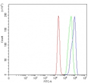 Flow cytometry testing of fixed and permeabilized human MCF7 cells with NUBPL antibody at 1ug/million cells (blocked with goat sera); Red=cells alone, Green=isotype control, Blue= NUBPL antibody.
