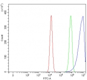 Flow cytometry testing of fixed and permeabilized human HEL cells with PSTPIP2 antibody at 1ug/million cells (blocked with goat sera); Red=cells alone, Green=isotype control, Blue= PSTPIP2 antibody.